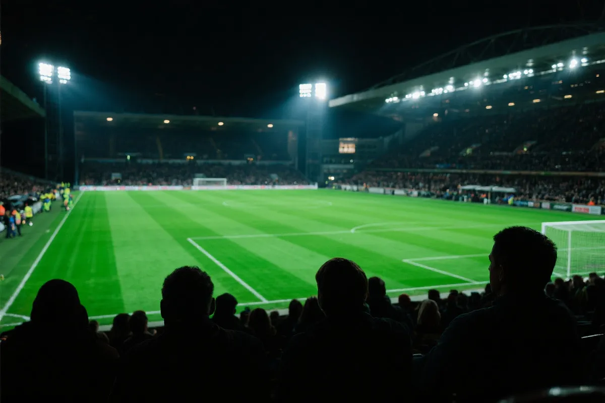 夜间球场氛围照片：灯光下的看台人群与绿茵场，画面通透、具有纪录片质感