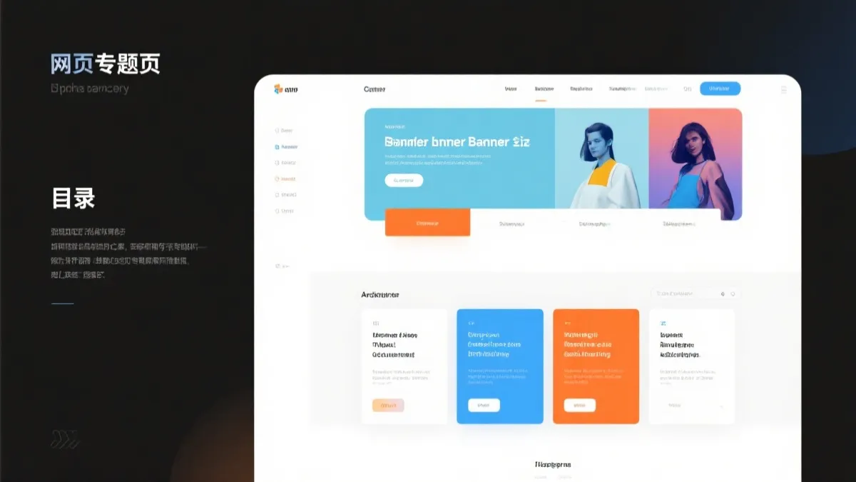 世界杯专题网页界面示意，包含目录锚点、横幅主视觉与分区卡片，干净现代排版