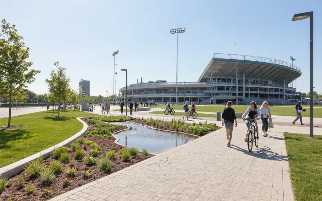 白天的球场周边公共空间与雨水花园，行人骑行与社区活动