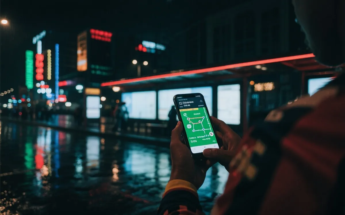 球迷在城市公共交通站点查看路线与开球时间，夜色与霓虹氛围