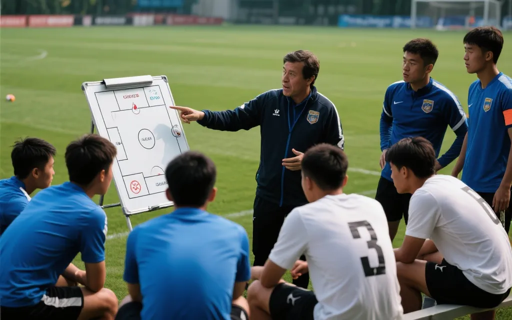 教练在场边指挥，战术板与队员围拢讨论的画面