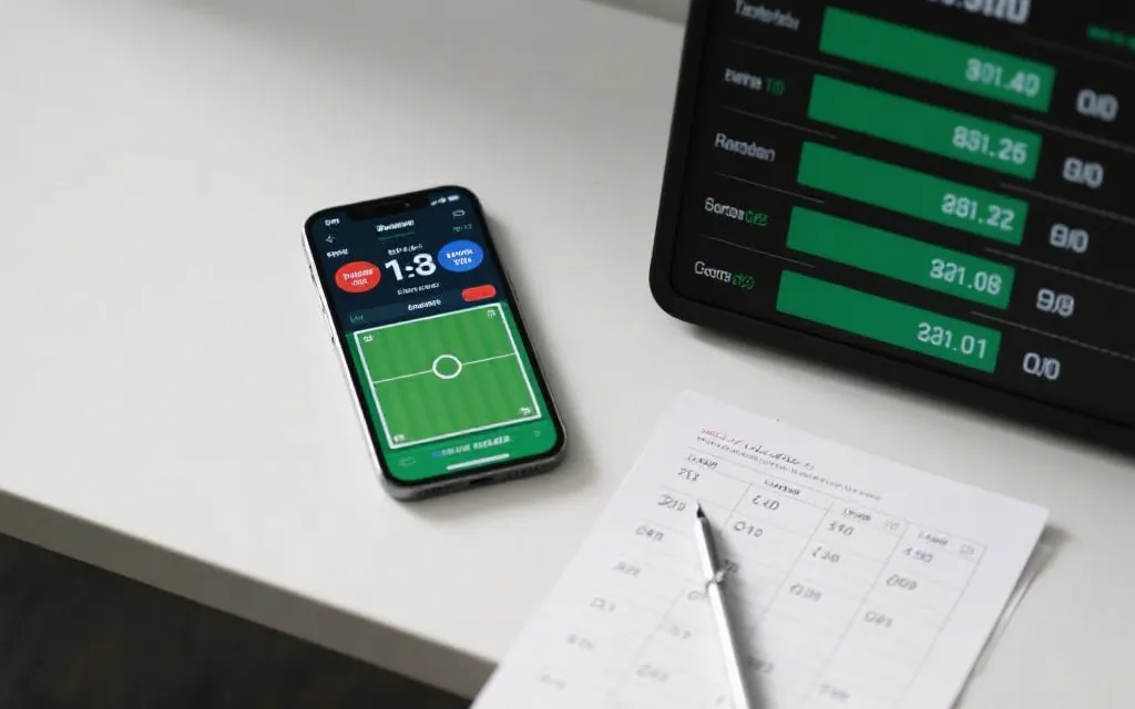 手机屏幕上显示实时比分与数据面板，旁边有记事本记录赛程