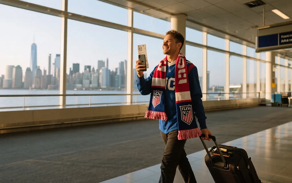 球迷在机场与城市之间转场的观赛旅行场景