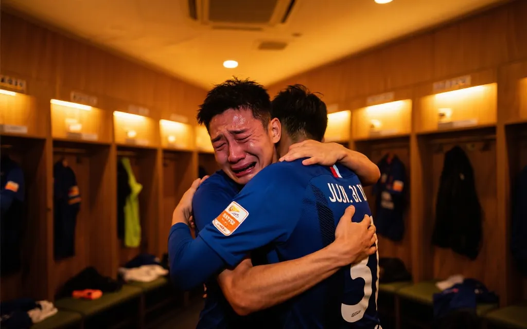 终场哨响后球员拥抱与落泪的瞬间，更衣室灯光温暖，纪实摄影风格