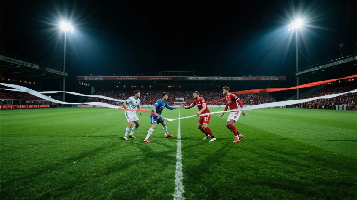 世界杯球场中线对峙的两队球员，强烈对抗氛围，夜场灯光下的戏剧张力